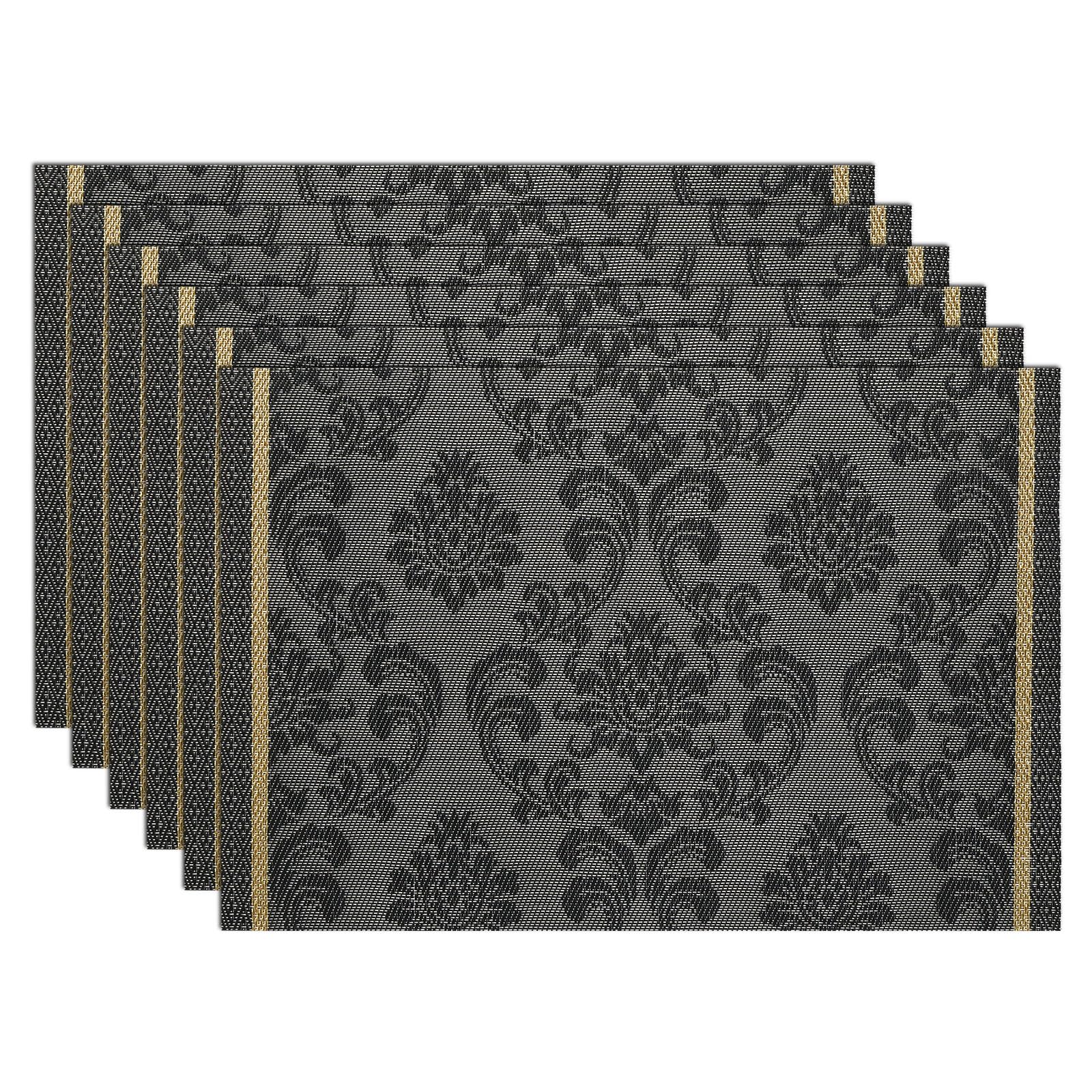 comfoyar Damask Floral Black Rectangular Placemats Set of 6, 30x45 cm Non-Slip Vinyl Flower Place Mats, Washable Waterproof Table Mats for Indoor Kitchen Dining Party Table Decoration