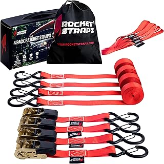 Rocket Straps Ratchet Tie Down Straps (4PK) | 1" x 17' - 1761lbs Break Strength, Safety Lock S Hook Rachet Tie Downs. Best...