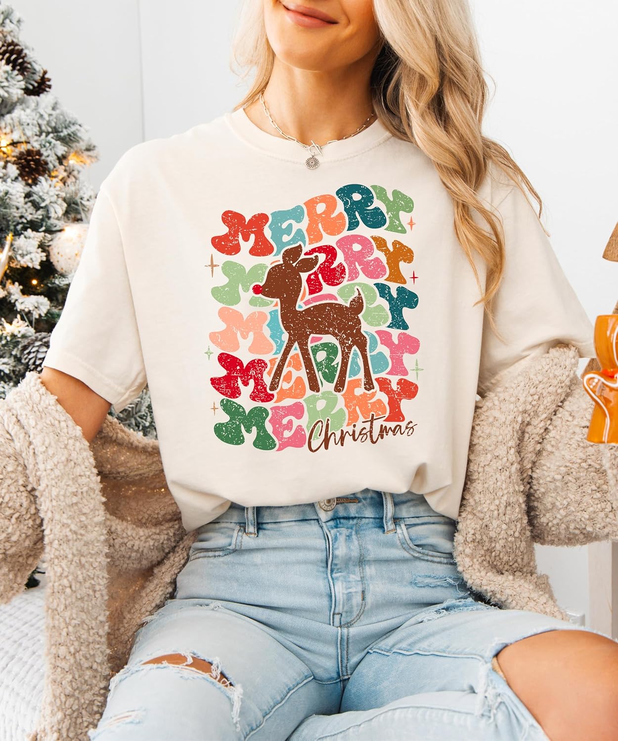 Retro Festive Merry Christmas Shirt for Women and Teens Red Nosed Reindeer Tee