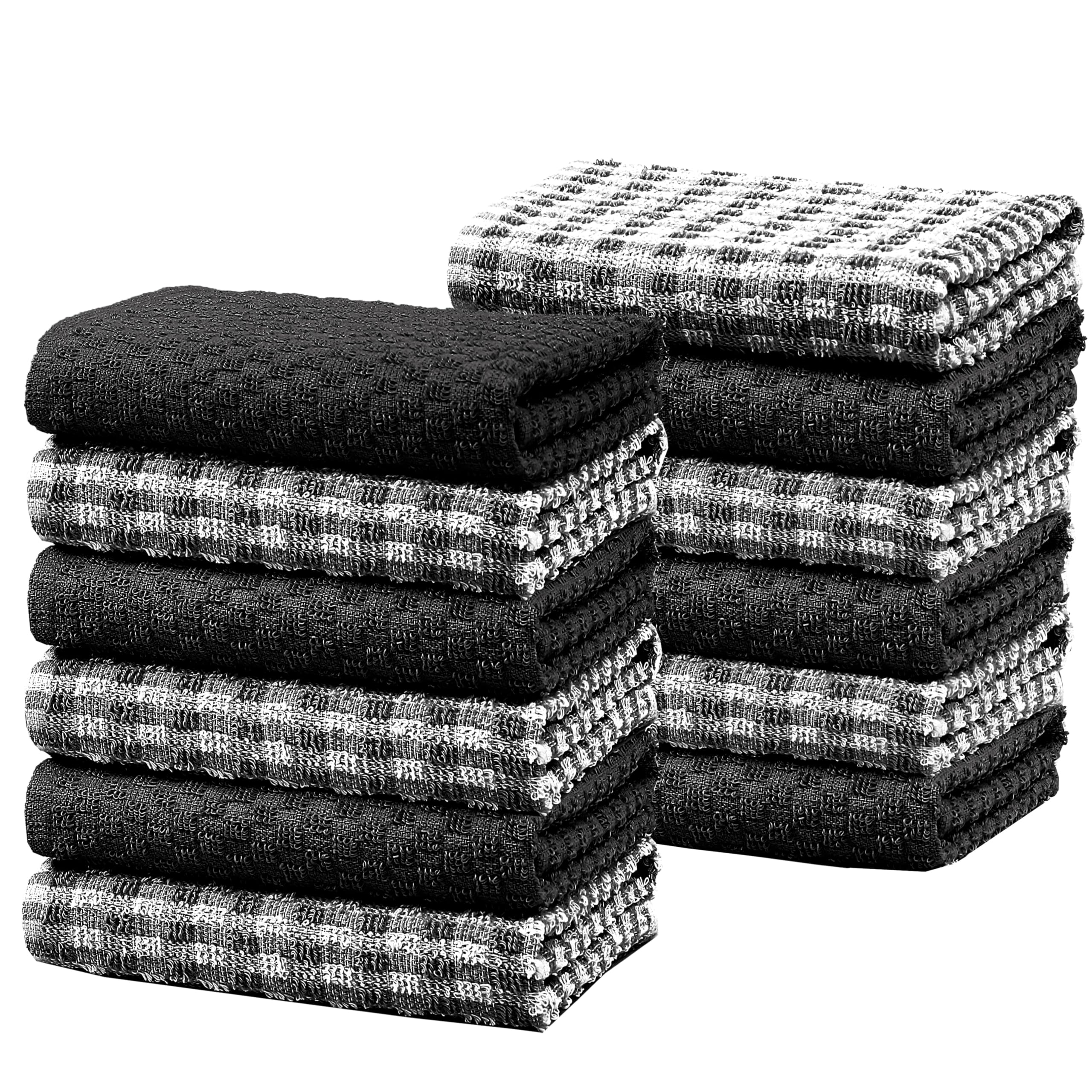 Olivia Rocco 100% Cotton Ascot Check Terry Tea Towels for Kitchen Pack of 12 Super Absorbent Dish Cloth Towel for Drying & Cleaning Household Essentials, Black- 12 PK