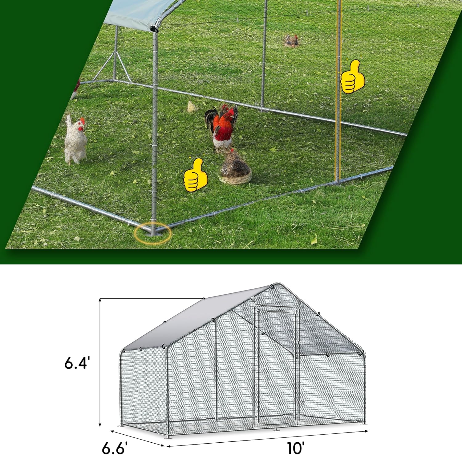 Image showing the assembled metal frame of the chicken coop with the roof cover partially installed.