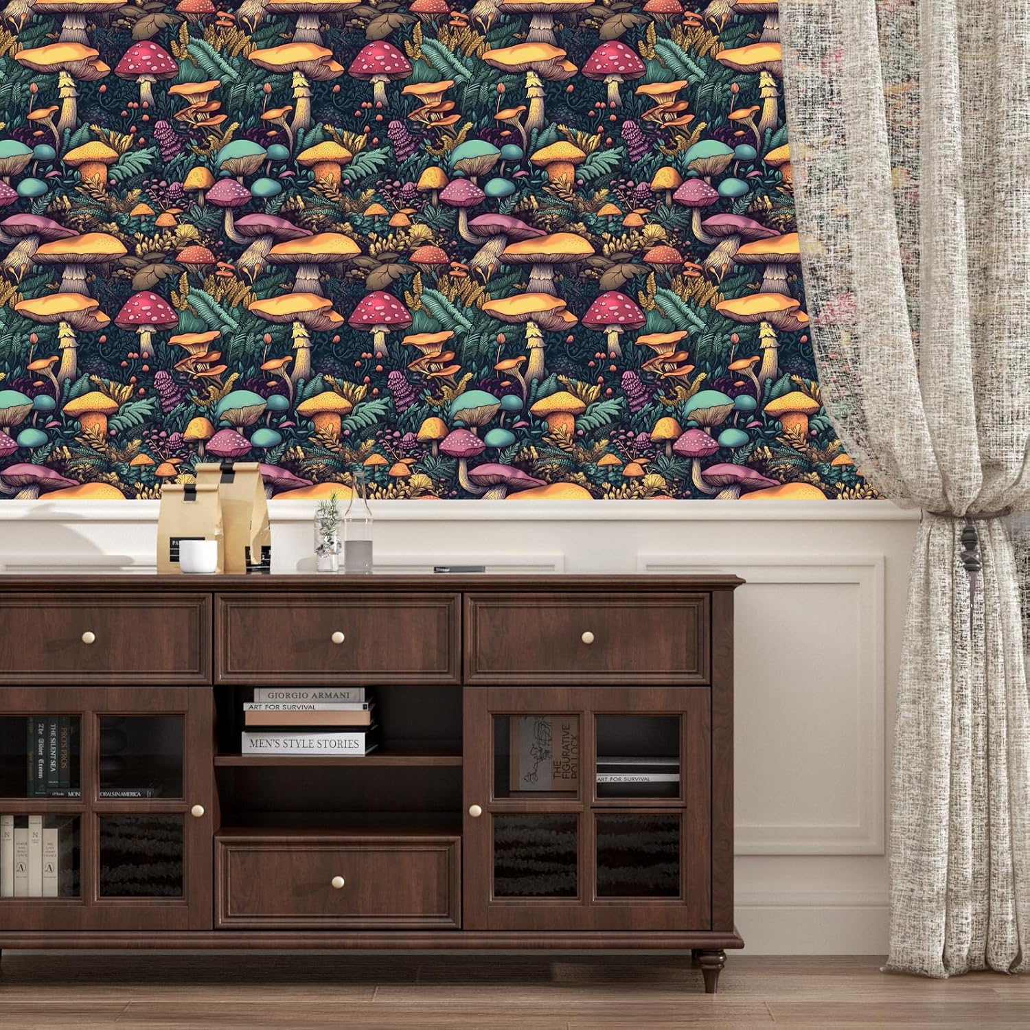 Mushroom Peel and Stick Wallpaper Boho Wallpaper Colorful Tropical Forest Floral Contact Paper 17.5in x 9.8ft Removable Self Adhesive Vinyl Wall Mural Wall Paper for Bedroom Nursery Cabinet Stairs