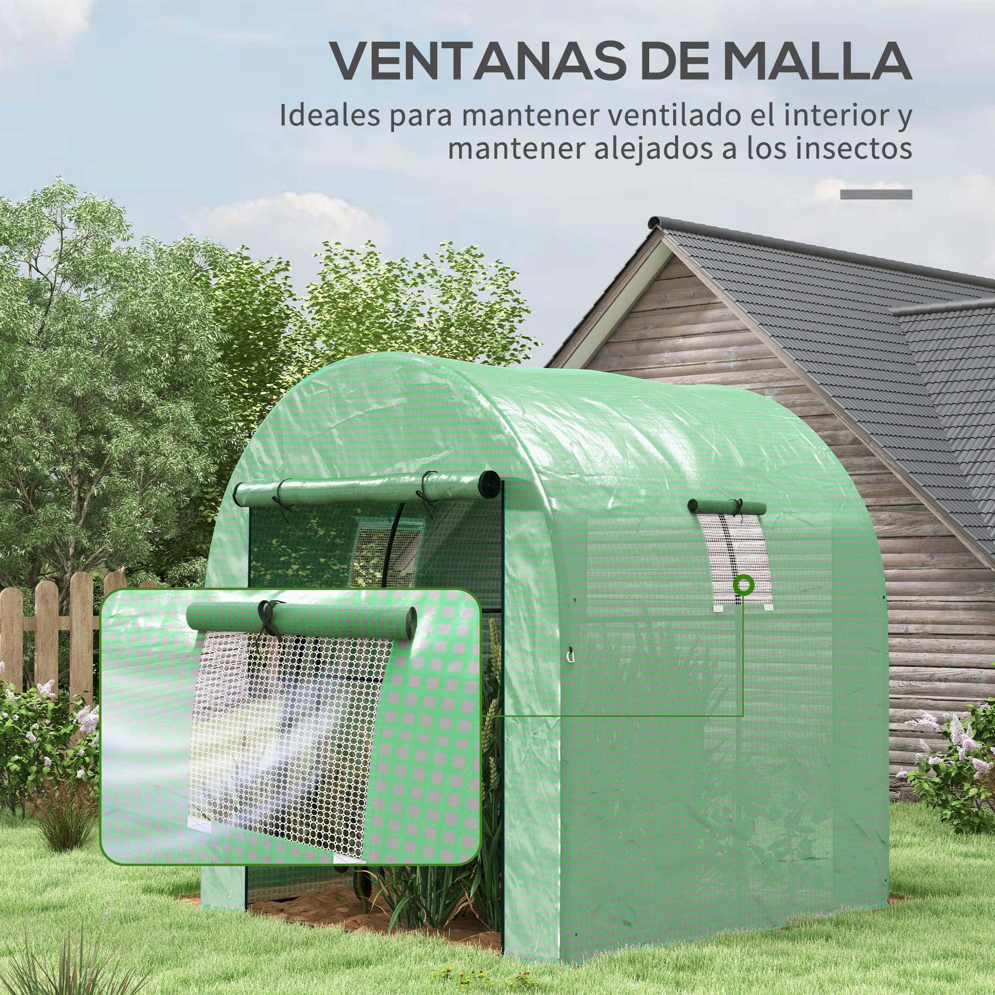 Outsunny Invernadero de Exterior de Túnel 2 Puertas 180x180x200 cm Verde | Enrollables, 2 Ventanas de Malla, Cubierta PE 135g/m², Anti-UV, Marco de Acero, para Cultivos, Plantas