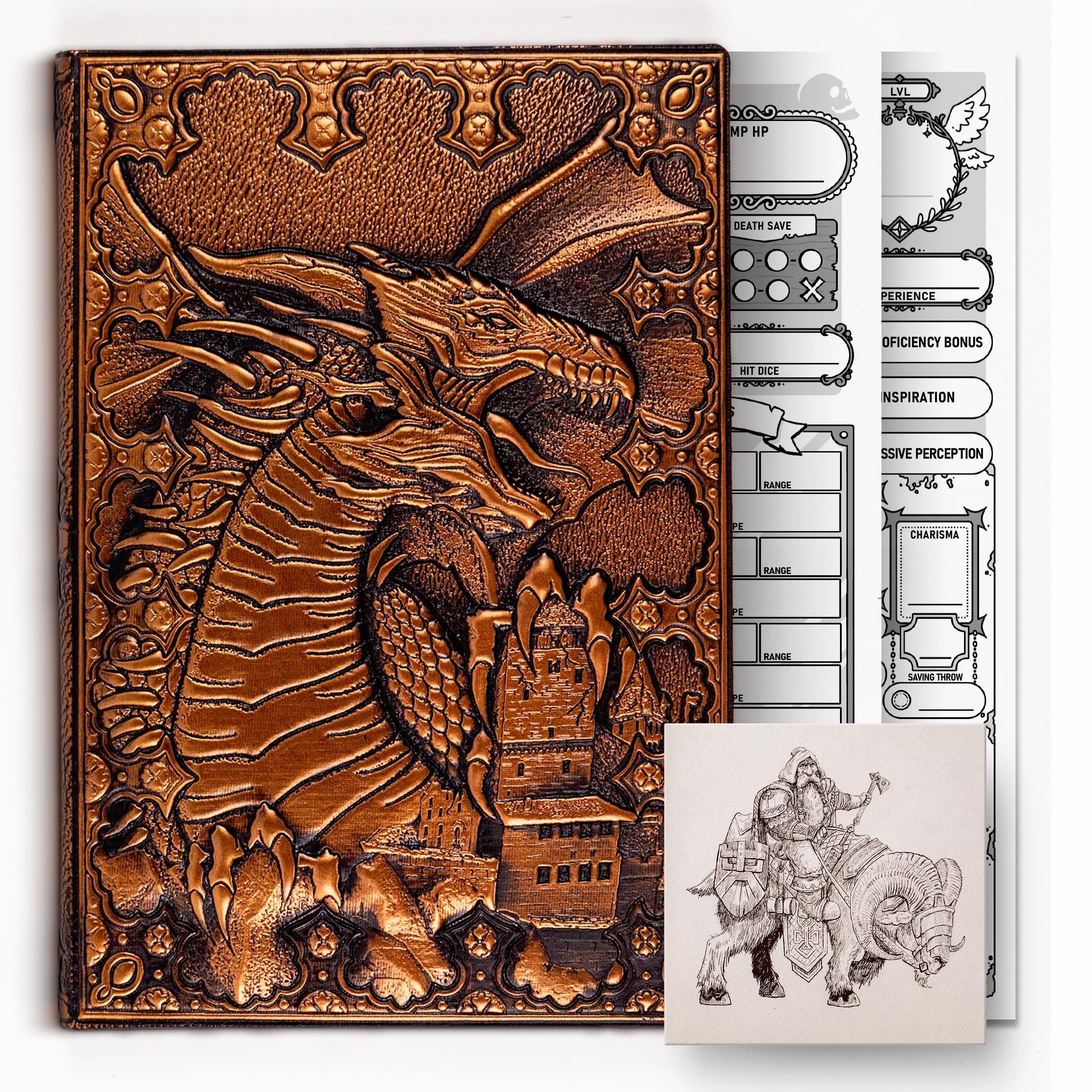 HORNATE DND-Zeichenblätter (200 Seiten A5) – DND-Journal, geprägtes Leder mit Drachenprägung für Dungeons & Dragons, DND-Notizbuch und Kampagnen-Tracker, DND-Charakter-Tagebuch, Geschenk für DM's und