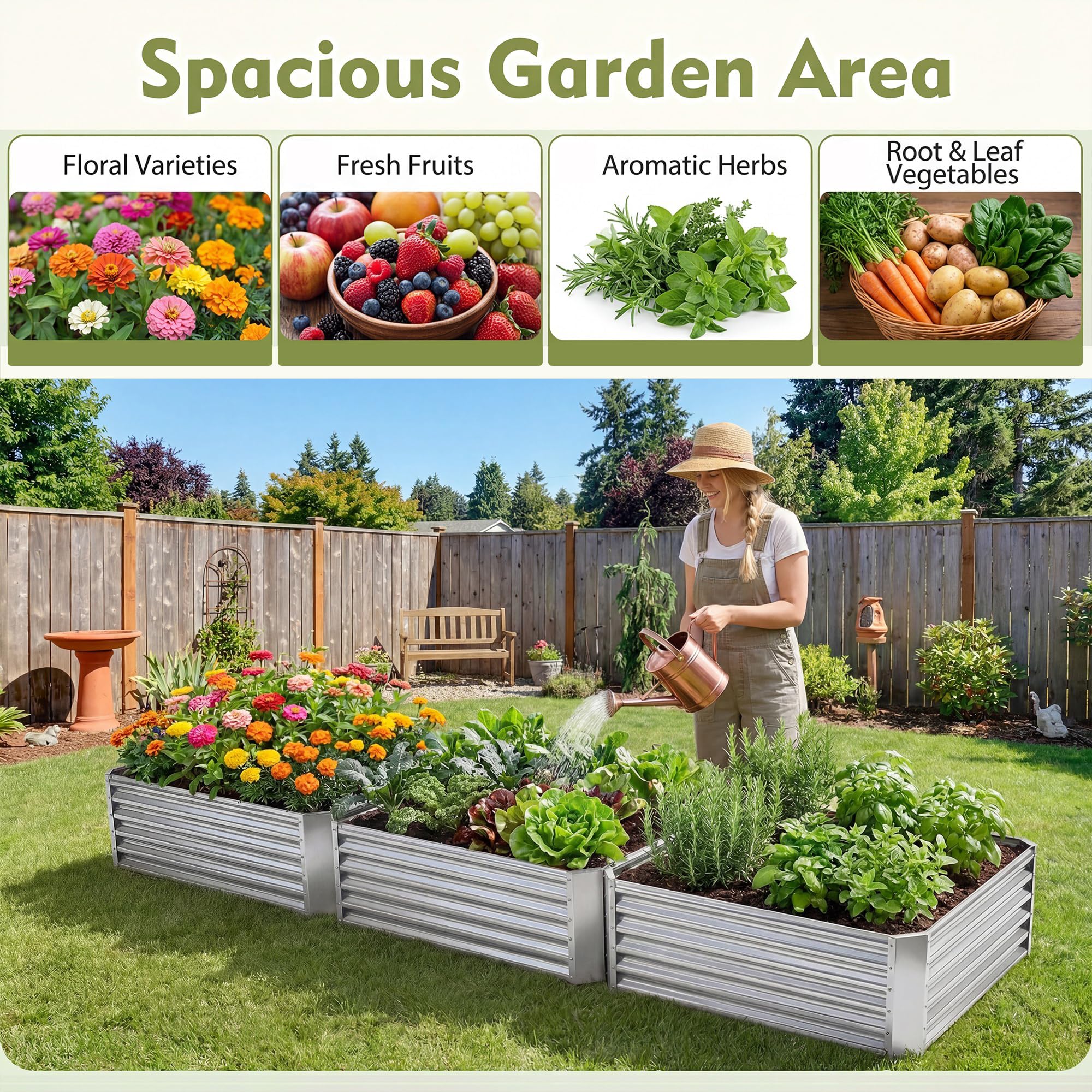 HOMASIS Hochbeet, rechteckiges Gartenbeet aus verzinktem Metall, Pflanzkasten mit offenem Boden, Blumenkasten für Gemüse & Blumen, Gemüsebeet für Garten & Terrasse, Silber (124 x 124 x 44,5 cm)