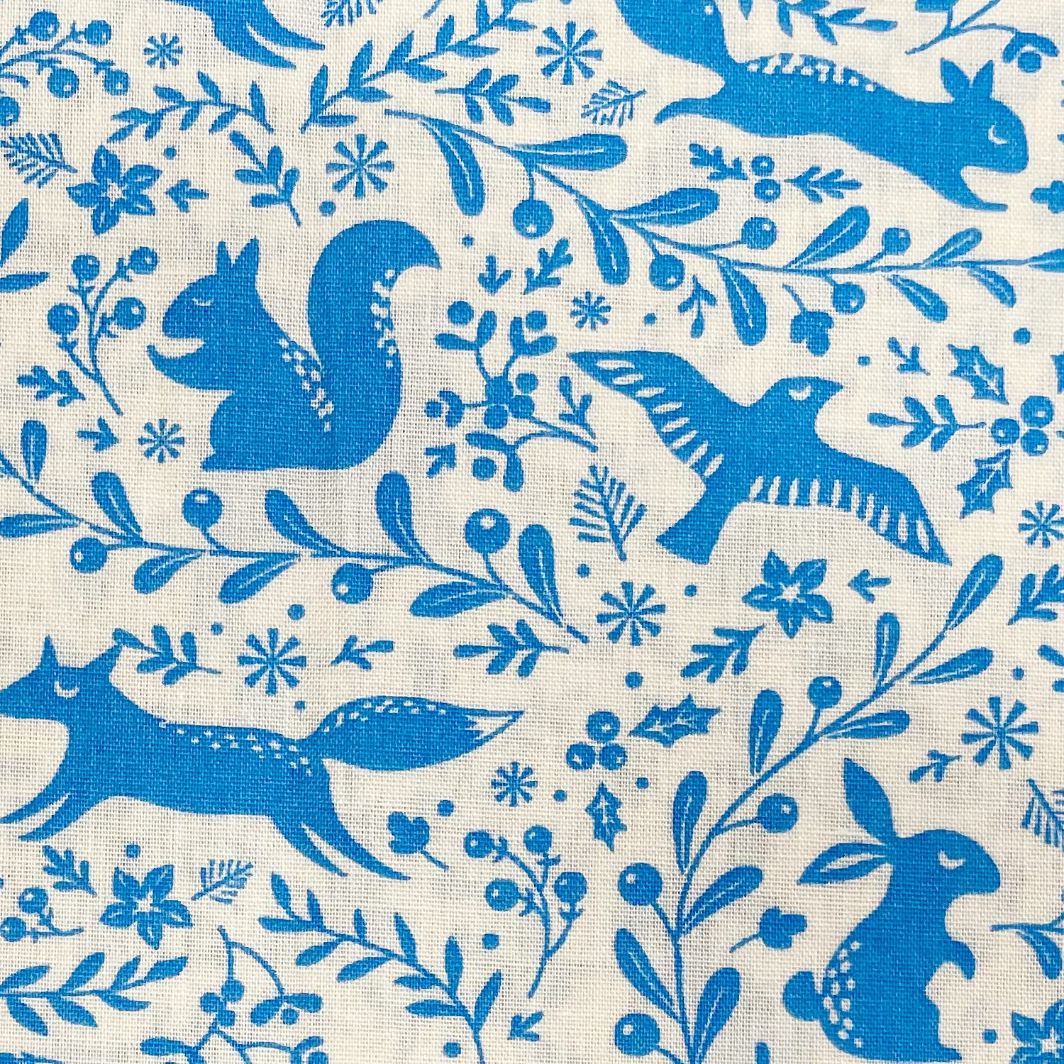 Oddies Blue Cute Forest Animals Fabric - Rabbit Squirrel Fox Deer Print On White - Polycotton Fabric Material Metre