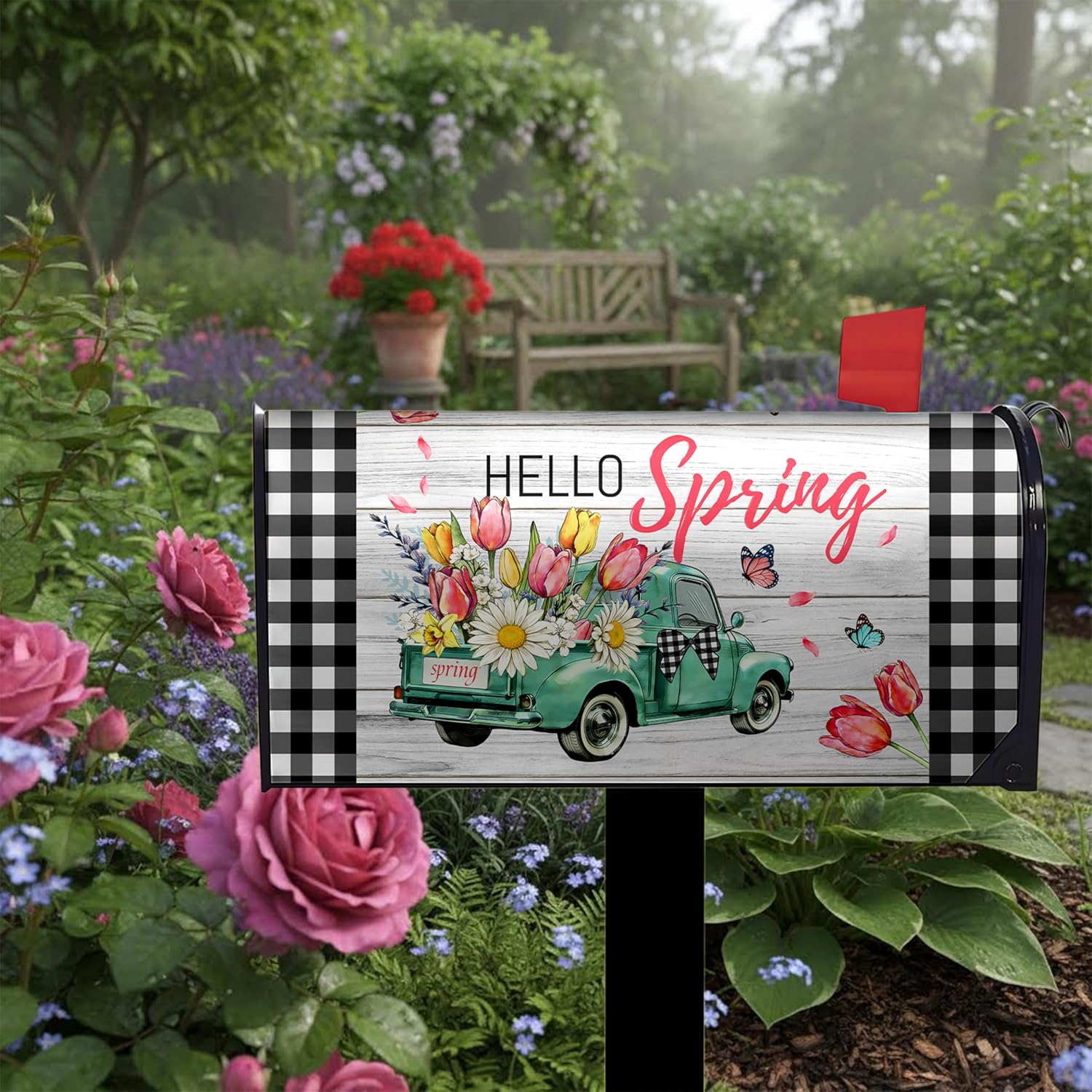 Hello Spring Magnetic Mailbox Covers Standard Size 21 x 18 Inch, Floral Truck Post Letter Box Cover Wrap Decor for Outdoor Farmhouse Garden Yard, Easter Seasonal Home Decoration
