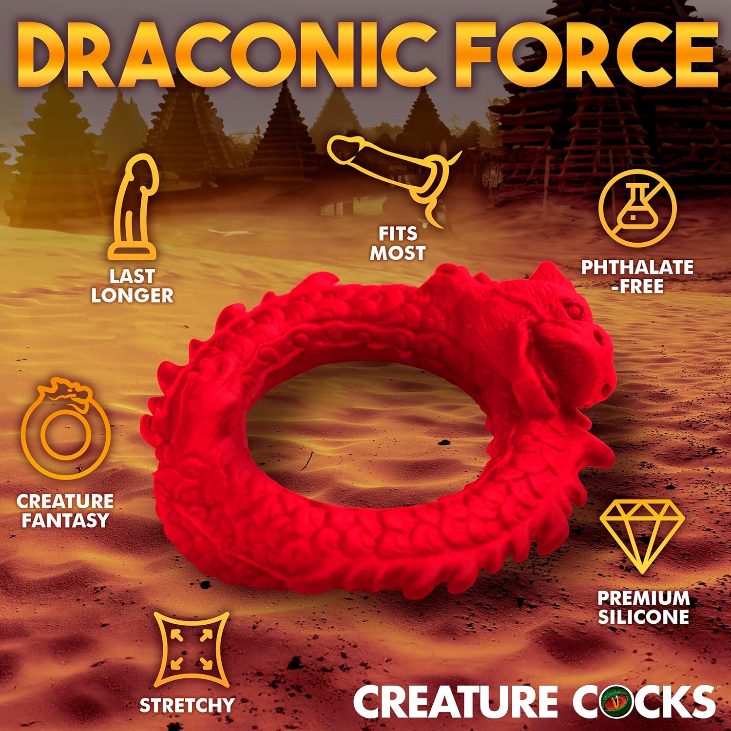 CREATURE COCKS Rise of the Dragon Silicone Cock Ring for Men and Couples. Fantasy C-Ring with Unique Texture and Bright Color, Stretchy Silicone, Enhanced Performance. 1 Piece, Red