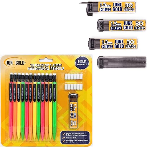 June Gold 12 lápices mecánicos, plomo de grafito HB #2 de 0.051 in, 1 dispensador de plomo/con 150 repuestos y 12 borradores de repuesto, plomo