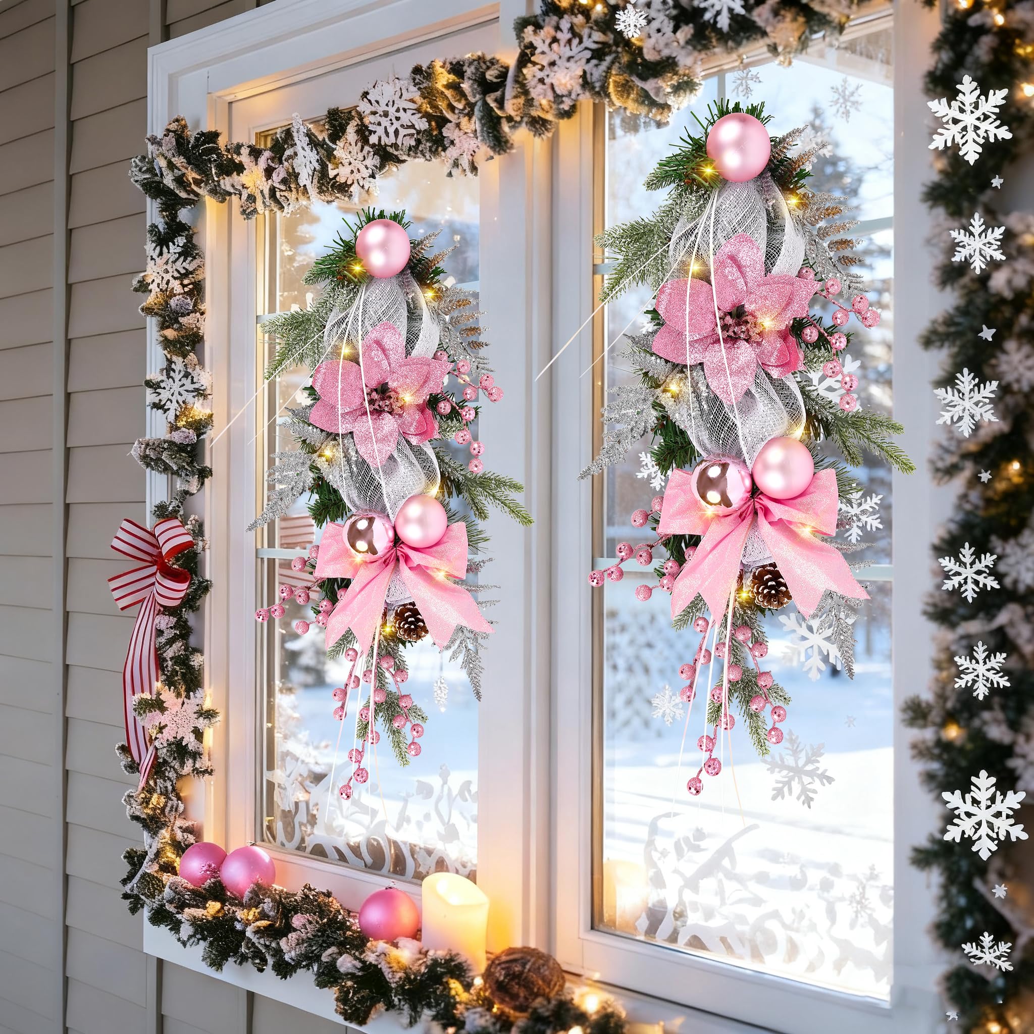 IPOPU Paquete de 2 guirnaldas de lágrima de Navidad, coronas de lágrima iluminadas de 25.5 pulgadas con lazo, bayas rojas, piña, guirnaldas de Navidad colgantes para puerta, ventana, chimenea