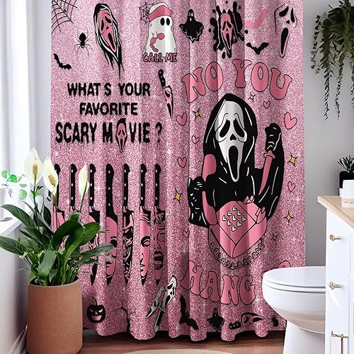 Miniatura 6 de KAIRA Cortina de ducha de Halloween, 72 x 72 pulgadas con ganchos, decoración de baño con cara espeluznante y aterradora, divertida cortina de tela