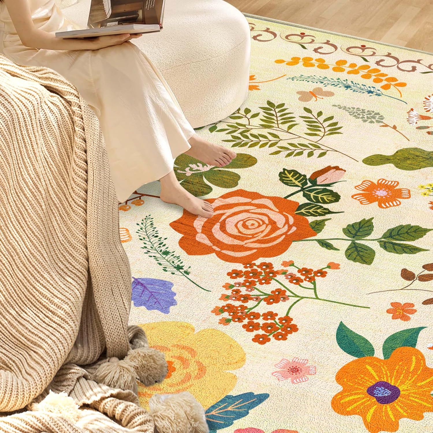 Floral 5x7 Area Rug, Machine Washable Soft Print Boho Carpet, Non Slip Low Pile Flower Area Rugs for Living Room Bedroom Kitchen Dining Room Hallway Entryway Nursery Indoor, Apricot