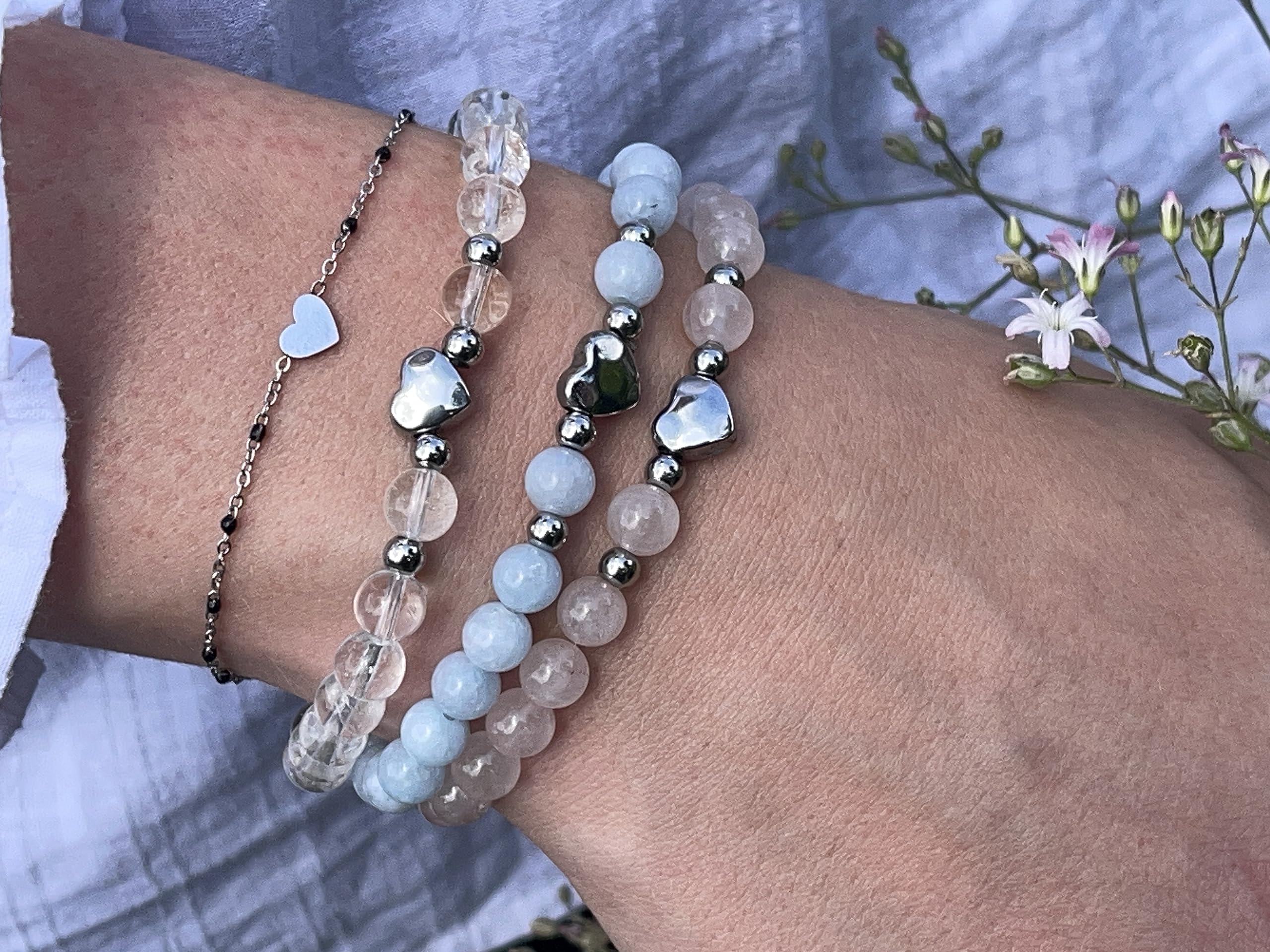 Aquamarin Armband Perlen echt 6mm Herz Edelstahl Silber Gold Roségold oder ionisiert - Handmade Perlenarmband Selbstbewusstsein Liebe Glück Frieden - Spiritueller Schmuck Damen Mädchen