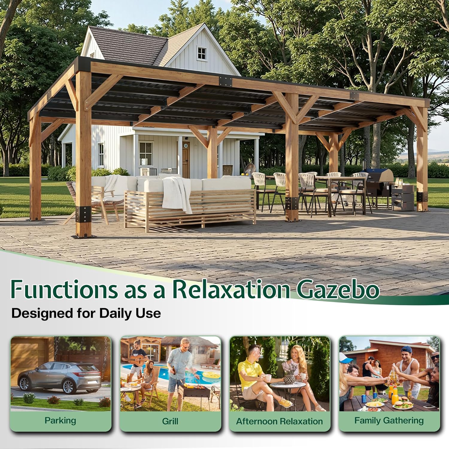 Jocisland 10' x 20' Spruce Wood Carport for 2 Cars, Outdoor Grill Gazebo with Hardtop Lean Roof, Wind & Snow Resistant, Heavy Duty Pergola for Garden, Patio, Backyard