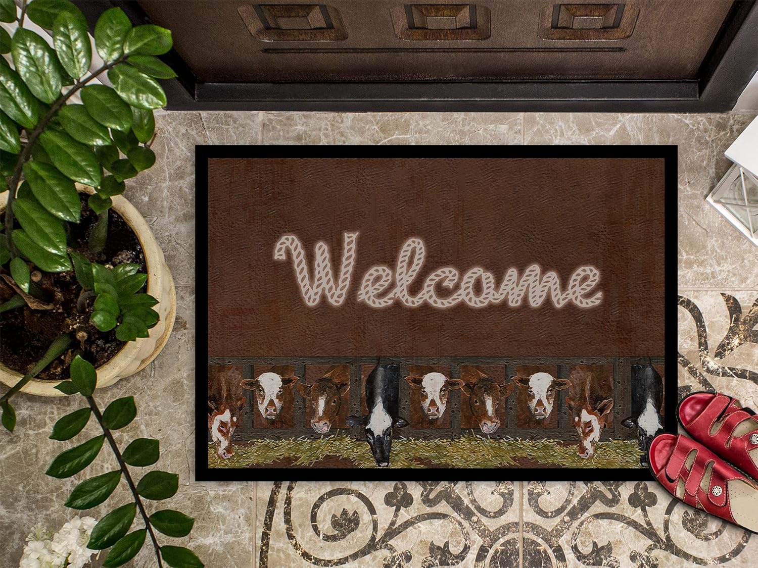 Caroline's Treasures SB3058MAT Welcome Mat with Cows Doormat 18x27 Front Door Mat Indoor Outdoor Rugs for Entryway, Non Slip Washable Low Pile, 18H X 27W