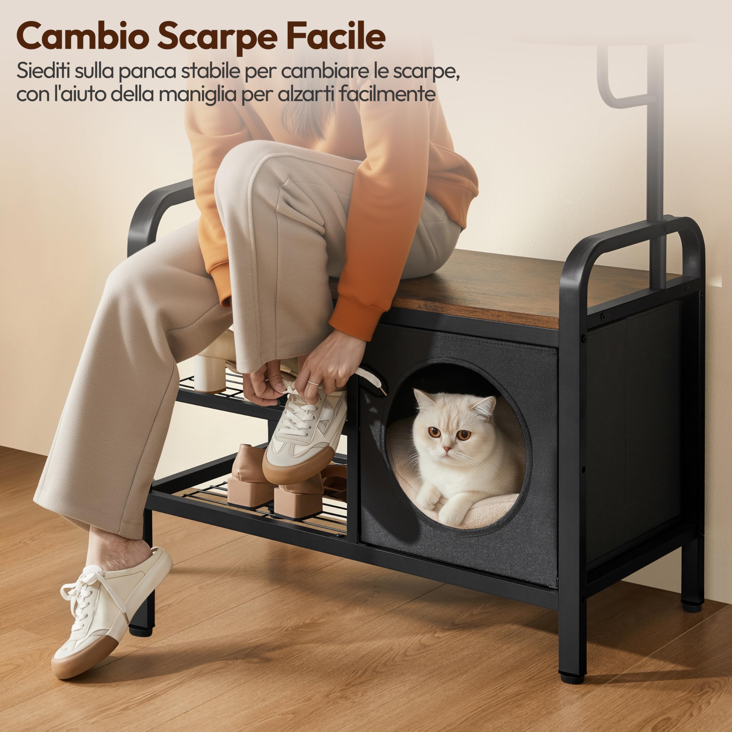 Yaheetech Appendiabiti da Terra Industriale con Panca Scarpiera e Casetta per Gatti Organizer Armadio d'Ingresso Multiuso con Ganci Rimovibili e 2 Trespoli per Famiglie con Animali Marrone Rustico