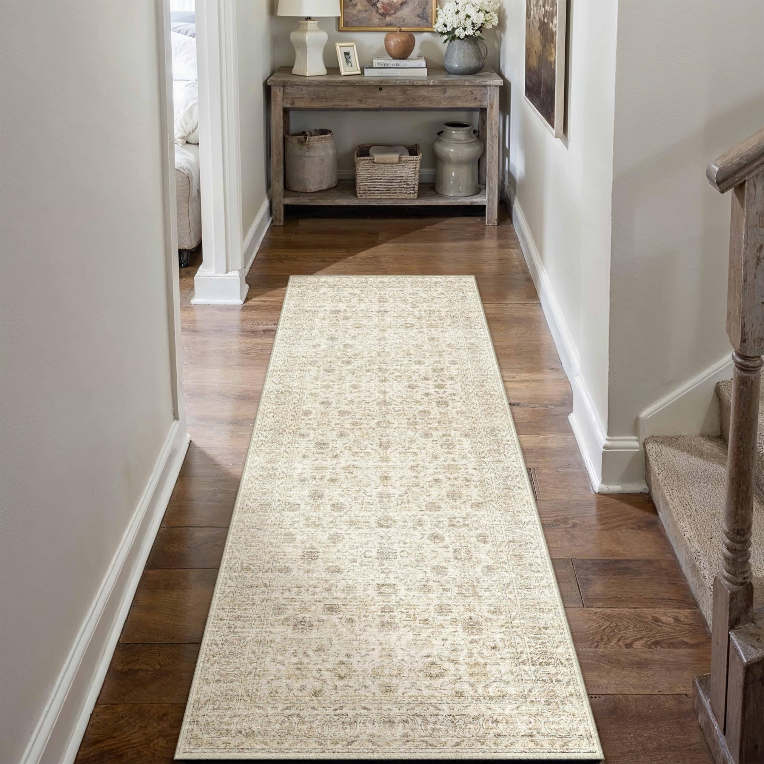PureCozy Vintage Beige Hallway Runner Rug 60x180cm Carpet Runners Washable Non Slip Soft Area Rug Kitchen Hall Dining Room Office Indoor Long Carpet Low Pile Carpets — image 1
