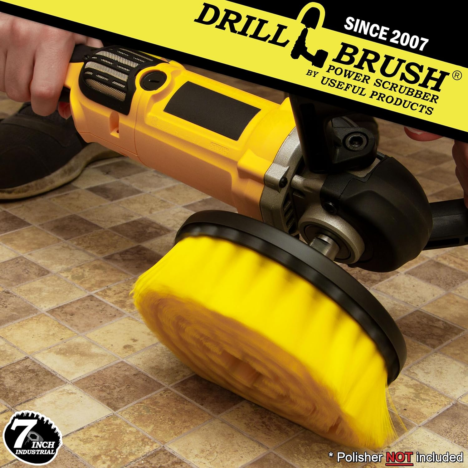Bathroom Accessories - Cleaning Supplies - Boat Brush - Deck Scrub Brush – 7in - Medium Yellow Bristles - Variable Speed Polisher - 5/8 x 11 Threaded Hub - Tile - Shower Cleaner - Porcelain – Flooring