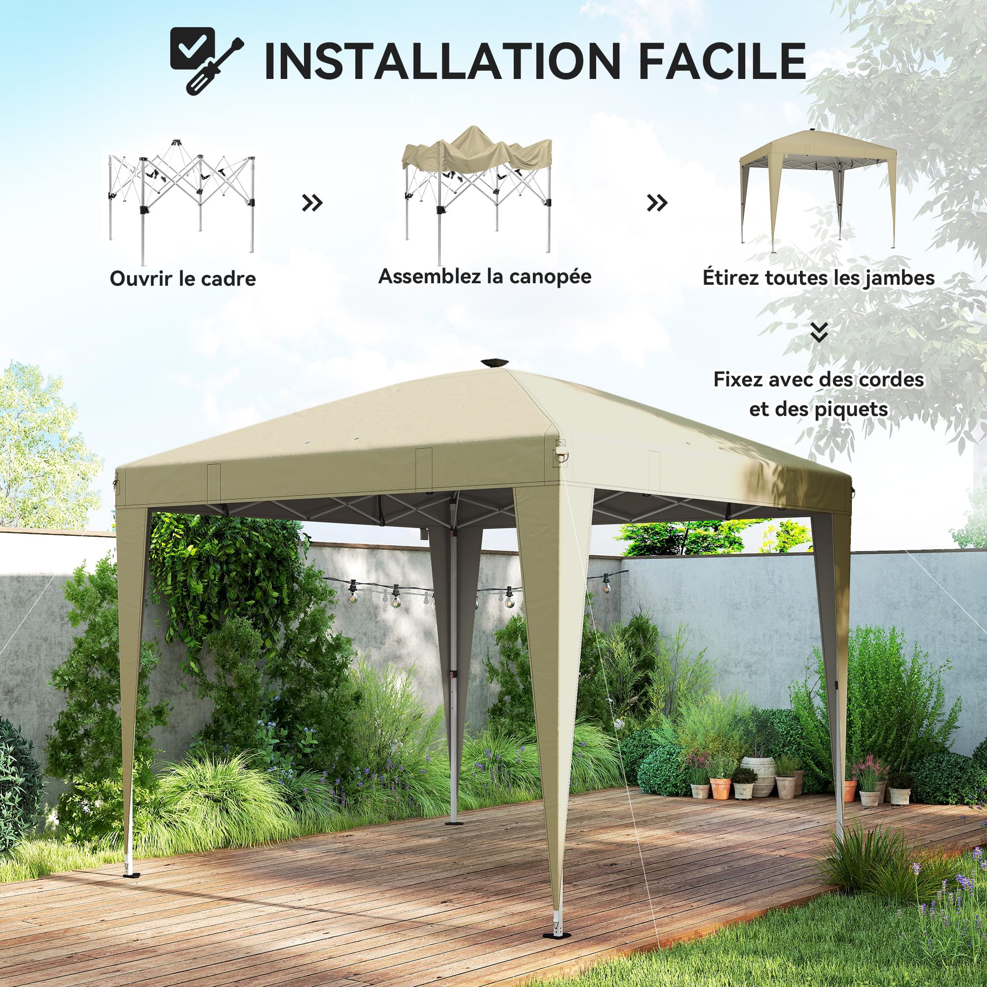 Outsunny Tonnelle de Jardin 3 x 3 m Éclairage Pop Up Télécommande Crème
