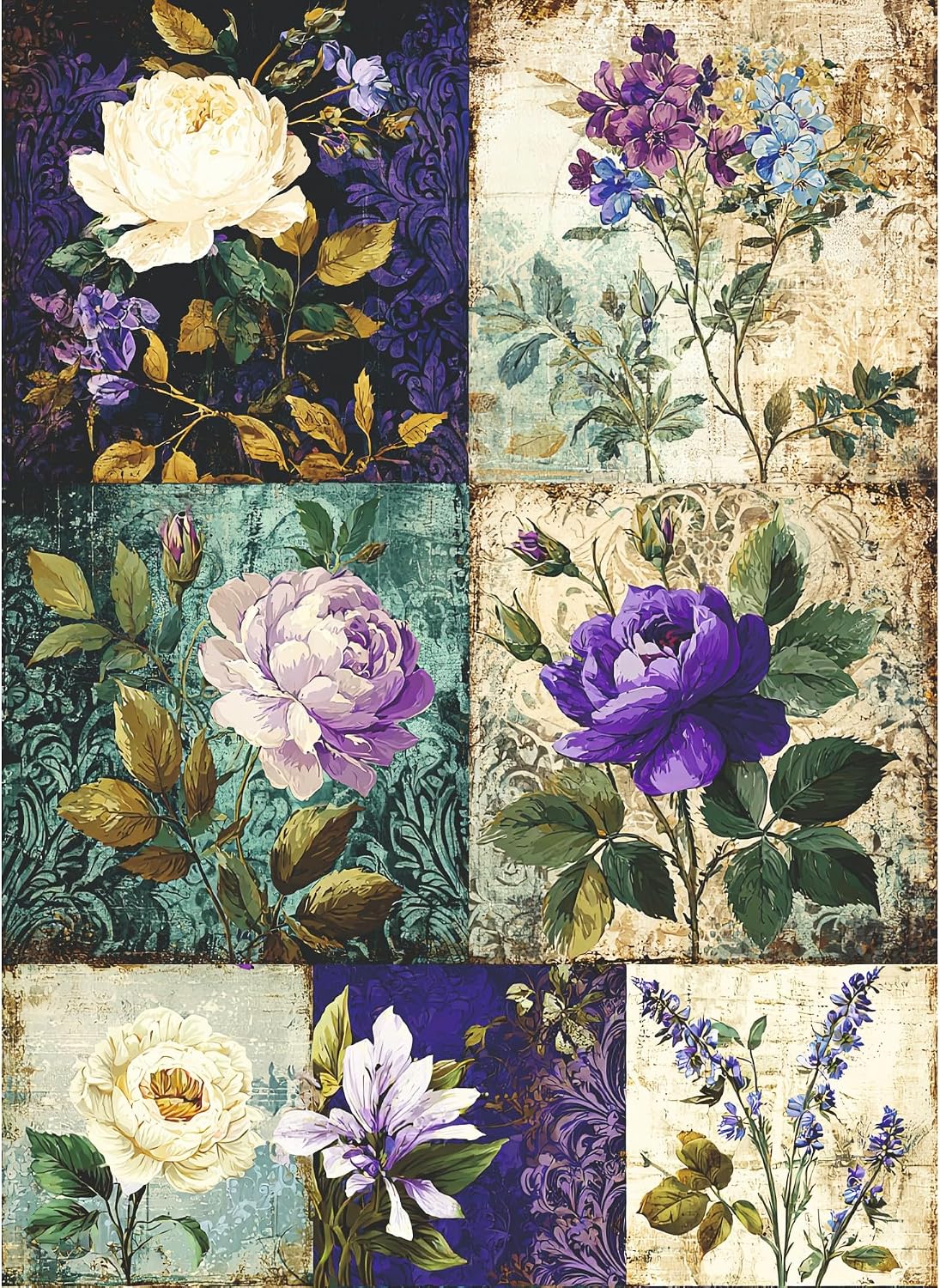Craft Kreatively — Purple Floral Patchwork Rice Papers, 8 x 11 inch (A4) - 6 Pages - | 6 Unique Designs | Versatile Decoupage Designs for Art Projects & Crafting