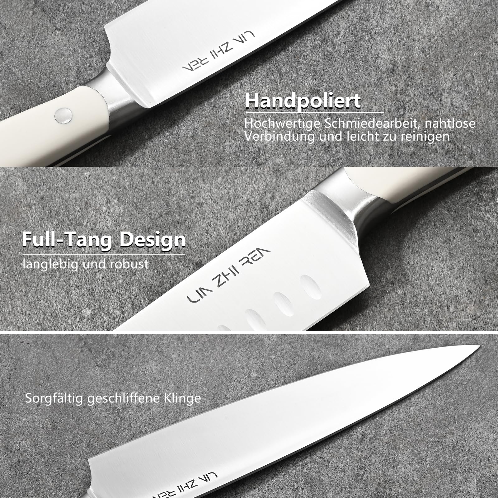 Messerset mit Block 7-teilig, Profi Küchenmesser Set aus hochwertigem Edelstahl, Full-Tang Kochmesser, Santokumesser, Brotmesser & Küchenschere, Ergonomische Griffe, inkl. Echtholz Messerblock（Weib）