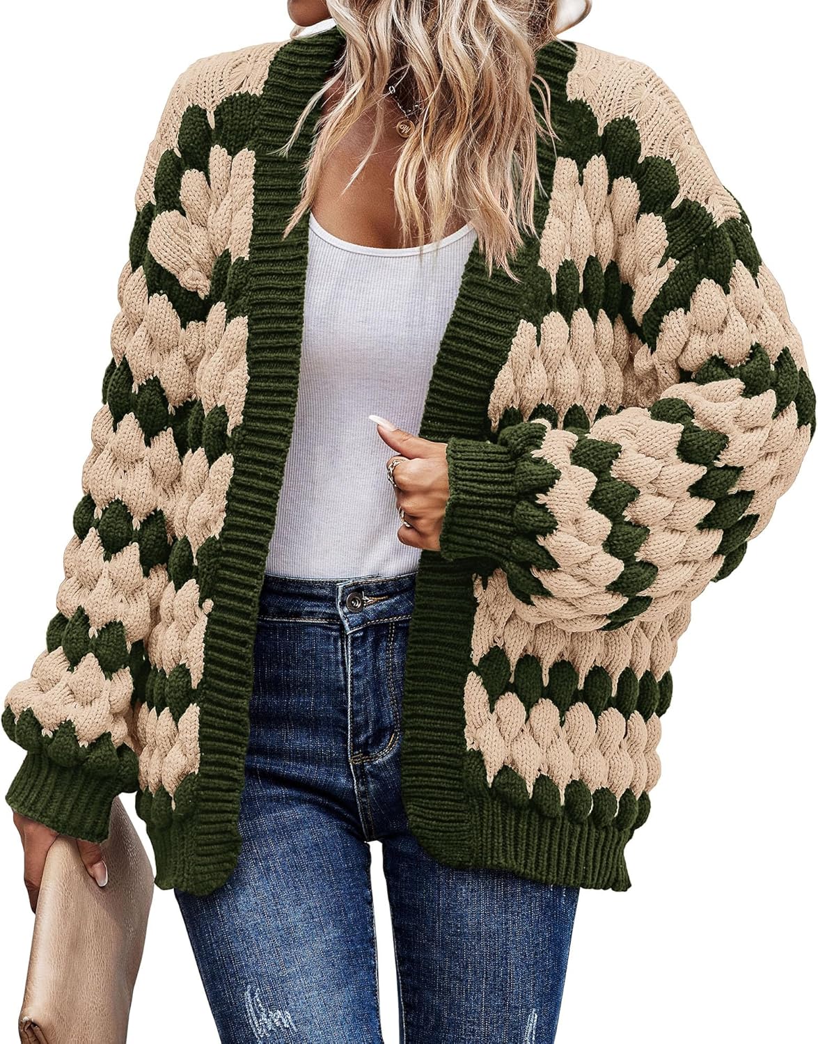 KIRUNDO Womens Cardigan Chunky Fall Fashion Lantern Sleeve Open Front Striped Color Block Cable Knit Winter Sweater Coats