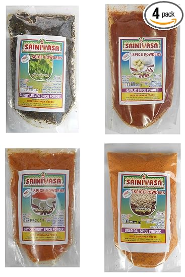 Andhra Special Curry Leaves Spicy Powder; Garlic Spicy Powder; Dry Coconut Spicy Powder and Urad Dal Spicy Powder Combo (Pack of 4 x 100 gm)