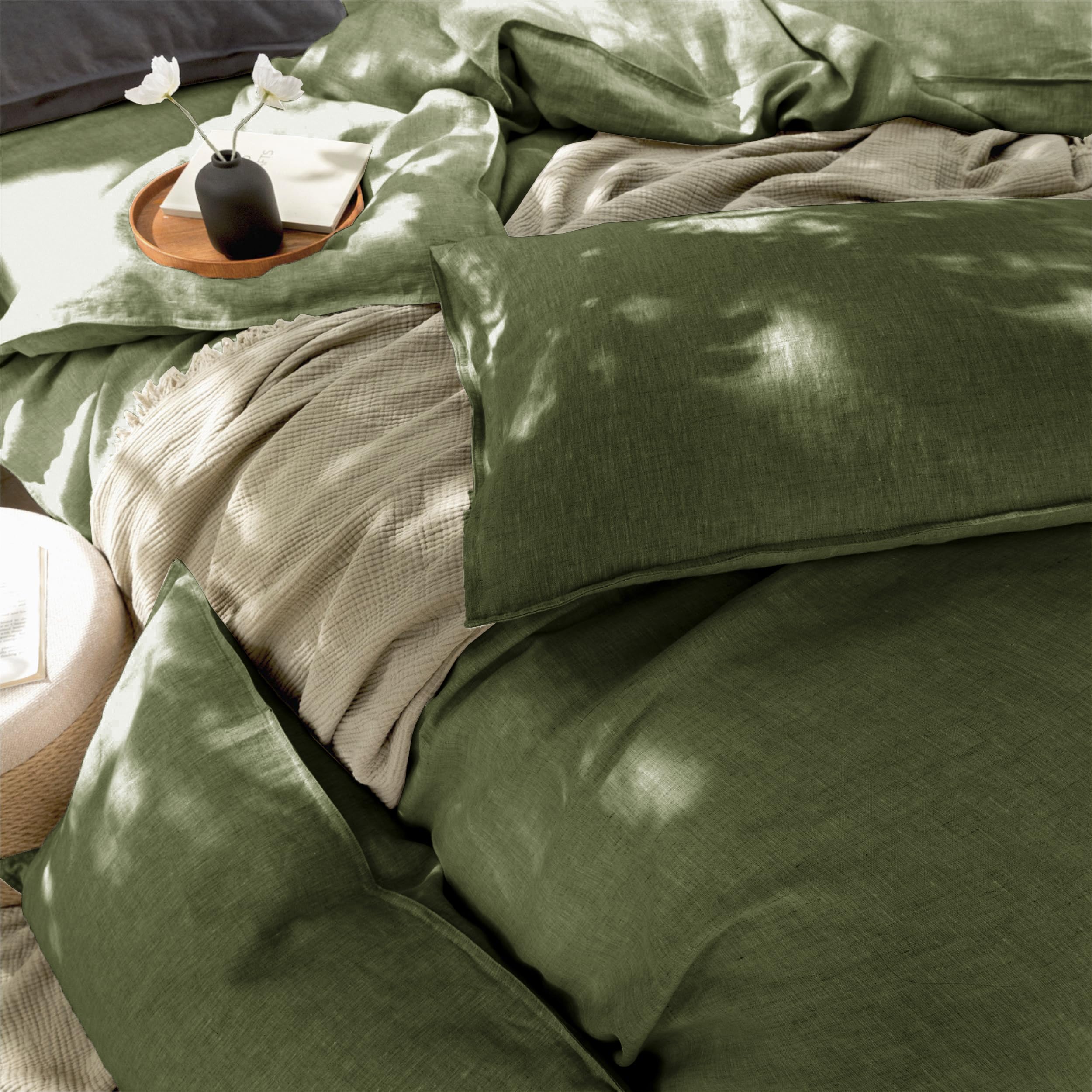 CHUFFED Juego de 2 fundas de almohada de 50 x 75 cm, 100 % lino lavado a la piedra, funda de almohada de 50 x 75 cm, hipoalergénica y transpirable, con cremallera, color verde oscuro