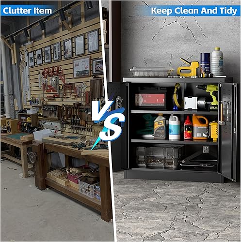 Miniatura 174 de Armario de almacenamiento de metal con tablero de clavijas de 31.5 x 31.5 x 16.5 pulgadas, armario de almacenamiento de acero con cerradura con 5