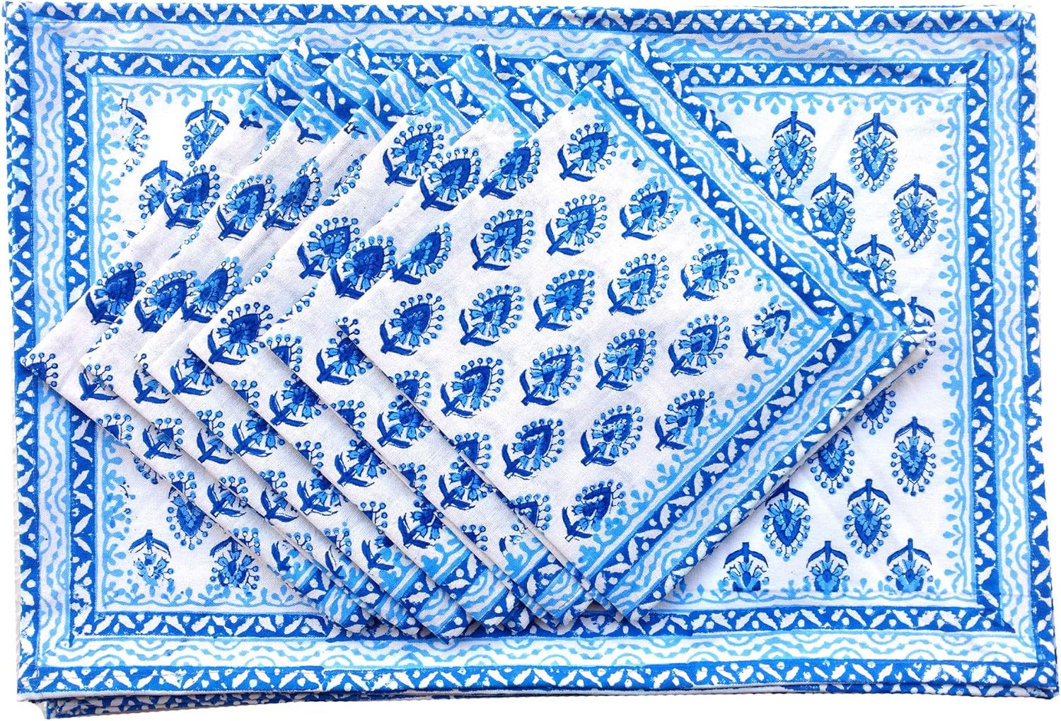 Rastogi Handicrafts Hand Block 100% Cotton Indian Style Theme Dining Table Mats and Napkins Set of 6 Place-mats Runners (Blue 4)