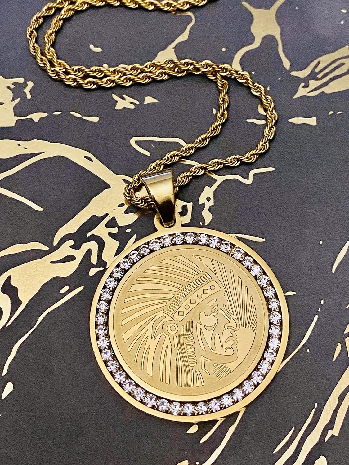 Indian Chief Head Pendant Necklace – 14K Gold Finish 925 Italy Iced Out Native American Charm with Stainless Steel 2.5mm Rope Chain, Hip Hop Jewelry