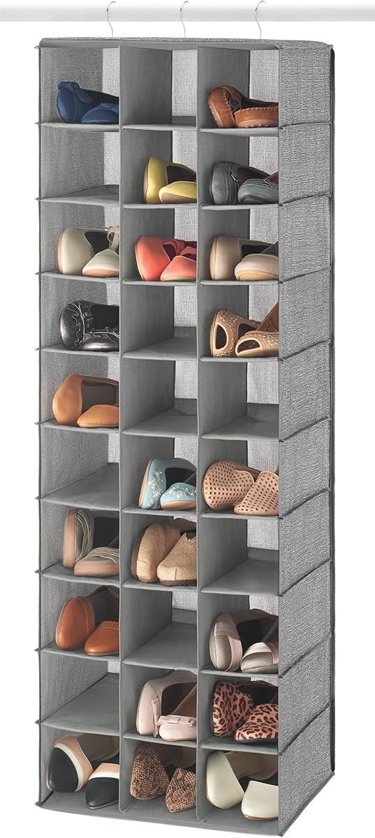 30 Sections Hanging Clothes Closet Shoe Organizer, Space Saving Breathable Fabric Shoe Storage for Bedroom, Laundry, Dorm, Crosshatch Gray