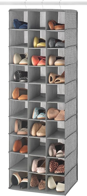 30 Sections Hanging Clothes Closet Shoe Organizer, Space Saving Breathable Fabric Shoe Storage for Bedroom, Laundry, Dorm, Crosshatch Gray