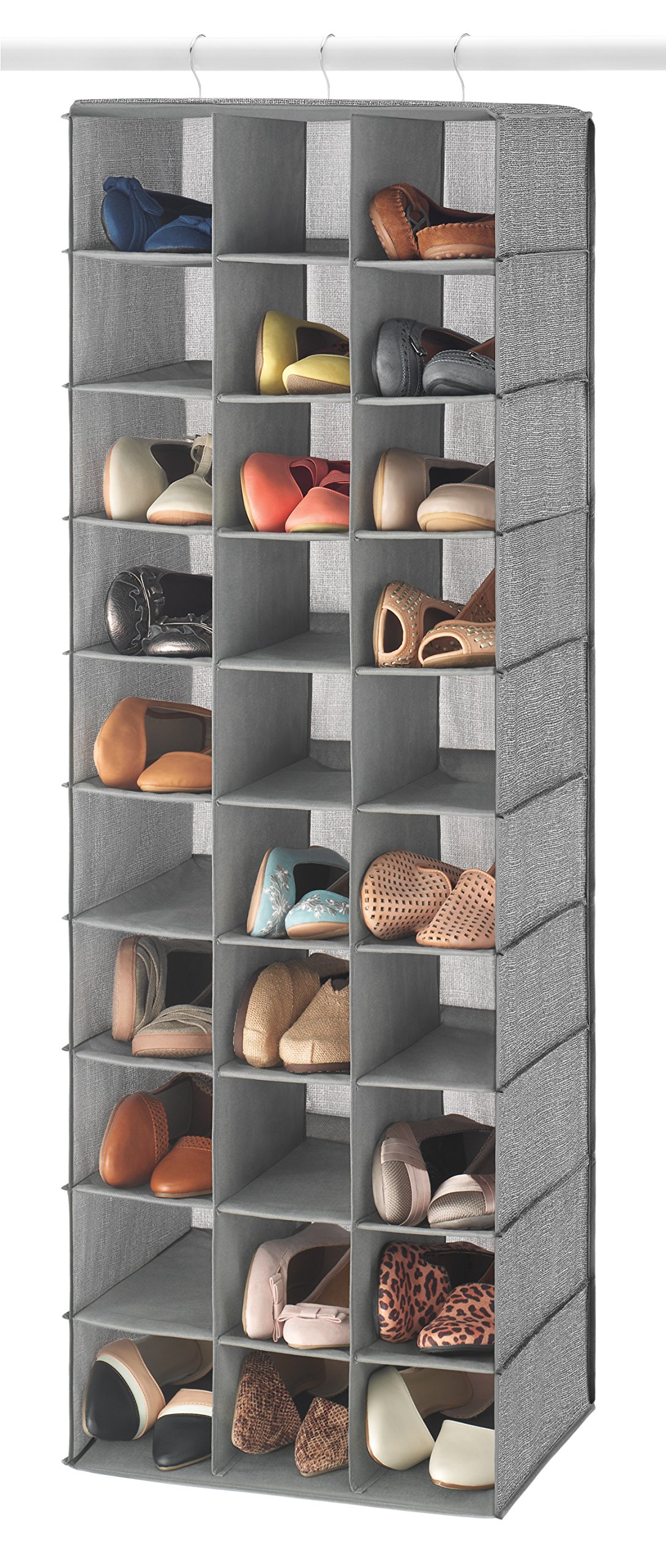 30 Sections Hanging Clothes Closet Organizer, Space Saving Breathable Fabric Shoe Storage for Bedroom, Laundry, Dorm, Crosshatch Gray