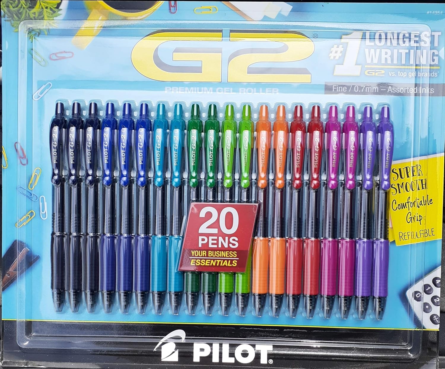 Pilot G2 Retractable Gel Pen, Fine Point 0.7mm, Assorted Ink Colors, 20 ct