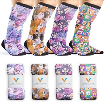 Viasox EasyStretch Diabetic Socks for Men & Women, Non Binding Top, Seamless Toe, Loose Fit, 4 Pack, Paws & Petals