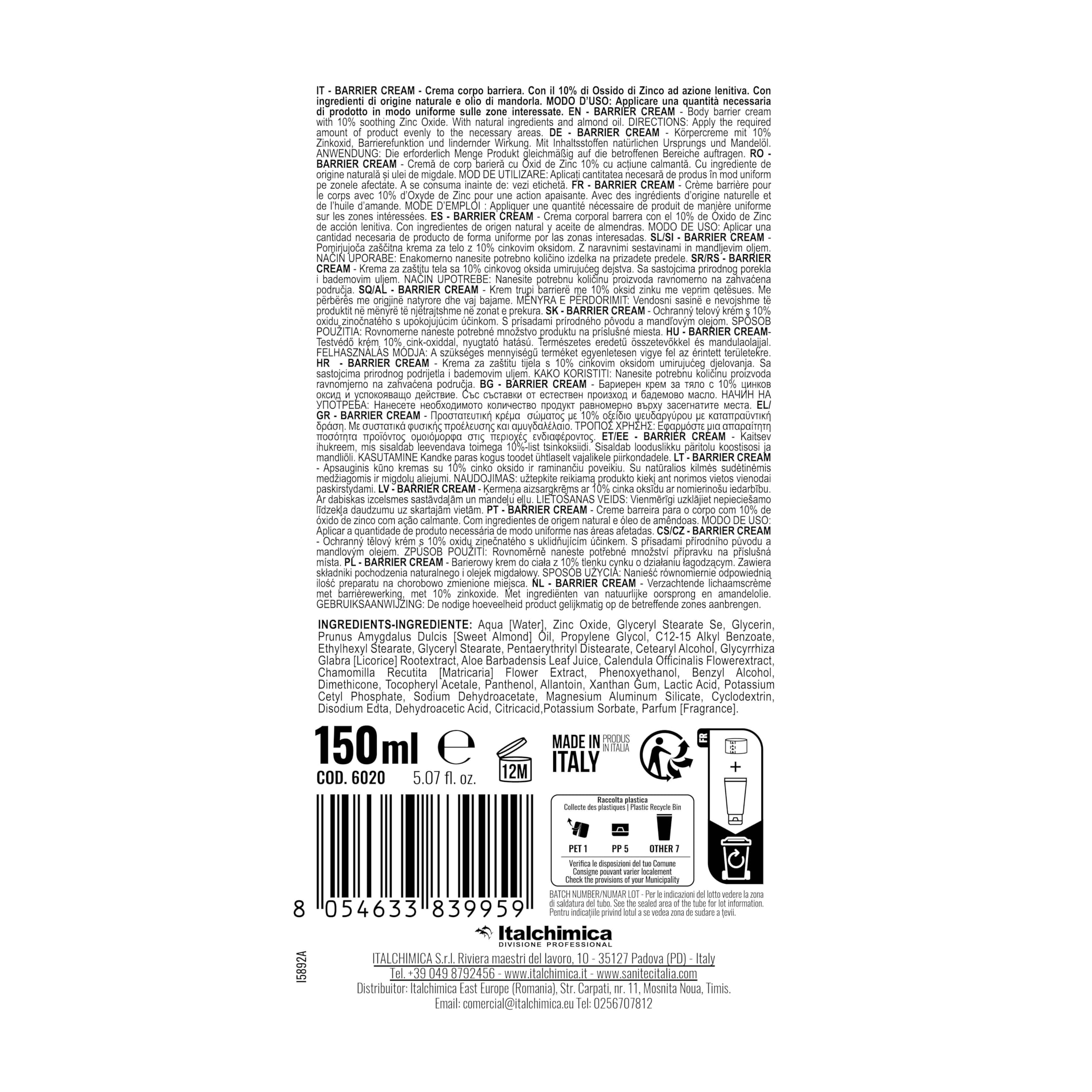 Sanitec BARRIER CREAM Crema Corpo Idratante Ossido di Zinco 10% Azione Lenitiva Olio di Mandorla 150 ml