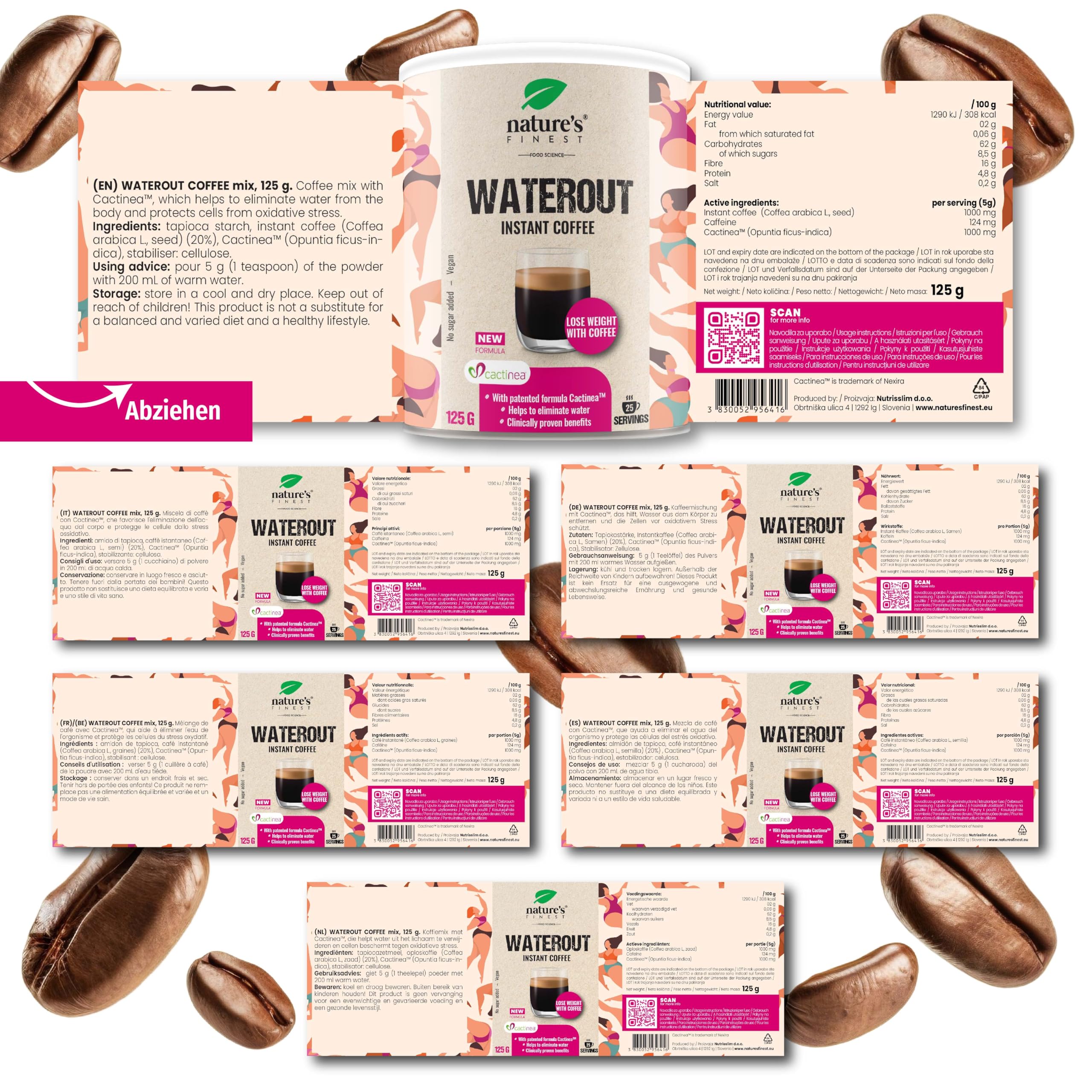 Nature's Finest WaterOut Coffee, Instant-Kaffee 375 g (3er Pack) | Instant-Kaffee (20 % Arabica) mit Cactinea Kaktusfeige - vegan, aromatisch, in Sekunden zubereitet