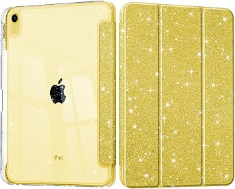 Tuiklol Sparkly Case for iPad Air 11 Inch M4 2026/M3 2025/M2 2024 & iPad Air 10.9 Inch 5t /4th Gen 2022 2020,Built in Pencil Holder with Clear Back Shell Cover Trifold Auto Wake/Sleep, Yellow Gold