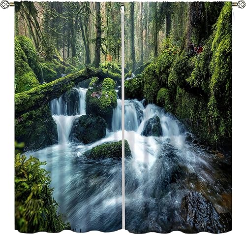 Miniatura 29 de Cortinas de cascada, patrón de paisaje con tema de naturaleza primaveral en bosque, cortinas térmicas opacas para dormitorio y sala de estar, juego