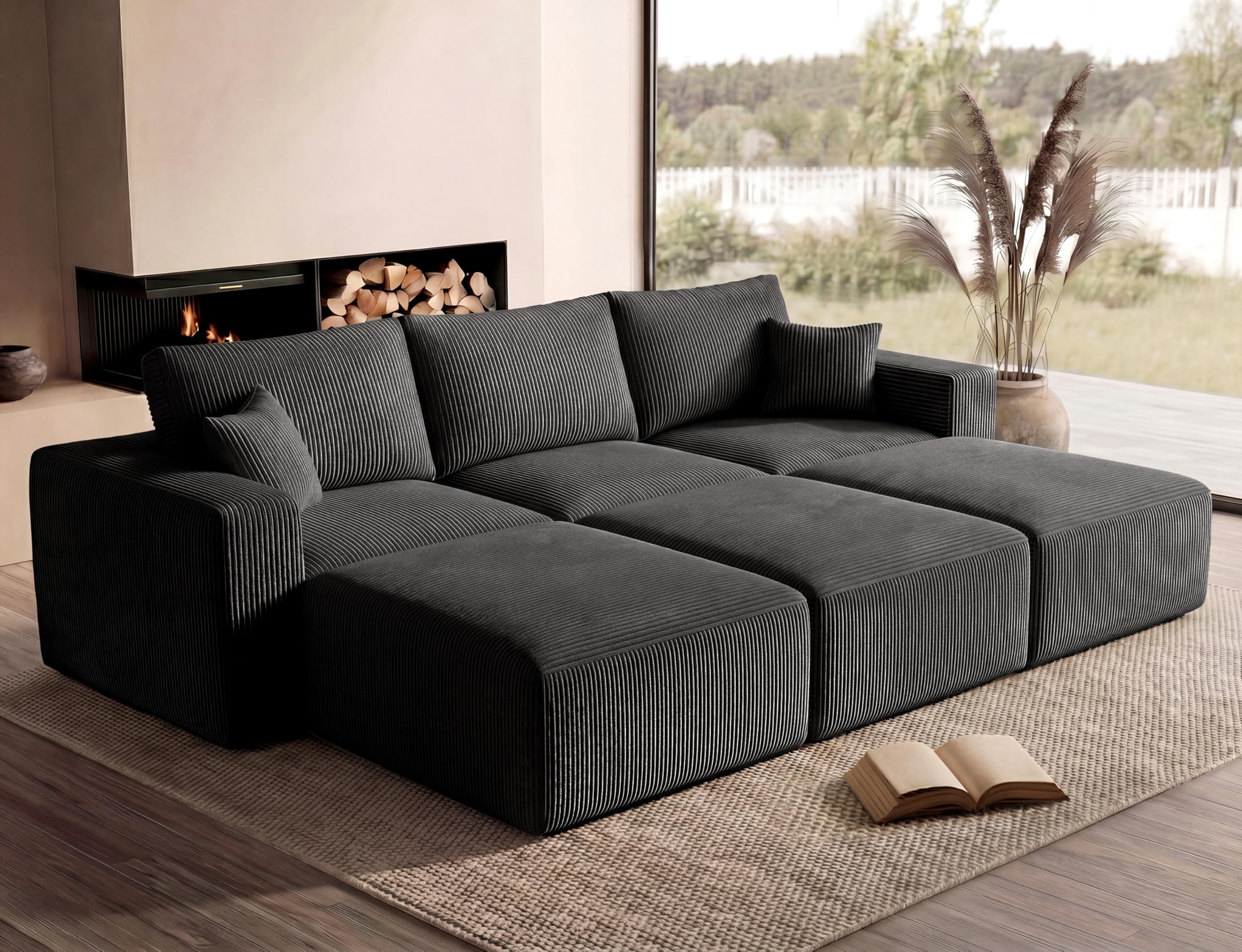 Living&Giving（WALKBON） Modular Sectional Sofa Bed with Chaise, 115" Memory Foam Cloud Couch, Boneless Corduroy Upholstered Floor Couch, No Assembly Required Living Room Furniture for Apartment Home, Black