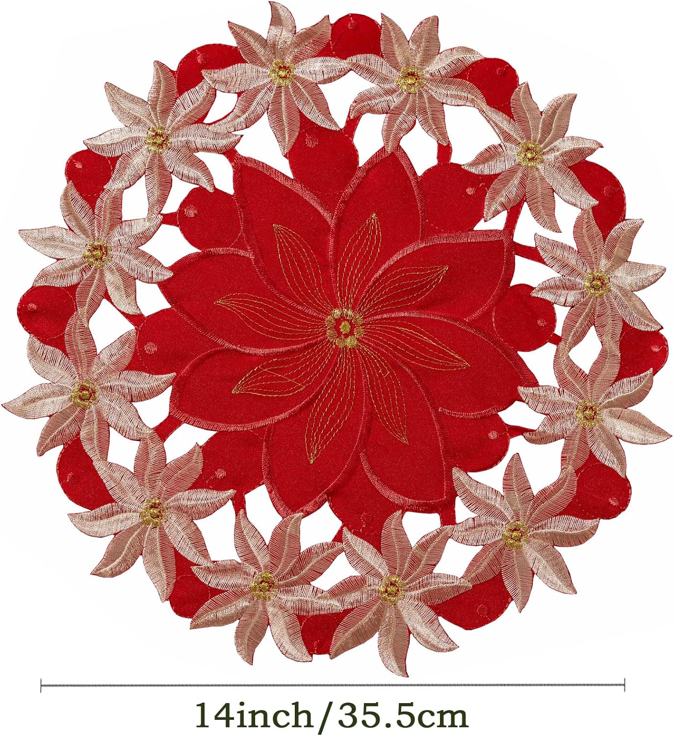 Joyfol Day Red Christmas Placemats Set of 4, Applique Embroidered Cutwork Gold Poinsettia Placemat, Xmas Flowers Tabletop Decoration for Home Kitchen Dining Winter Party (14 Inch Round)