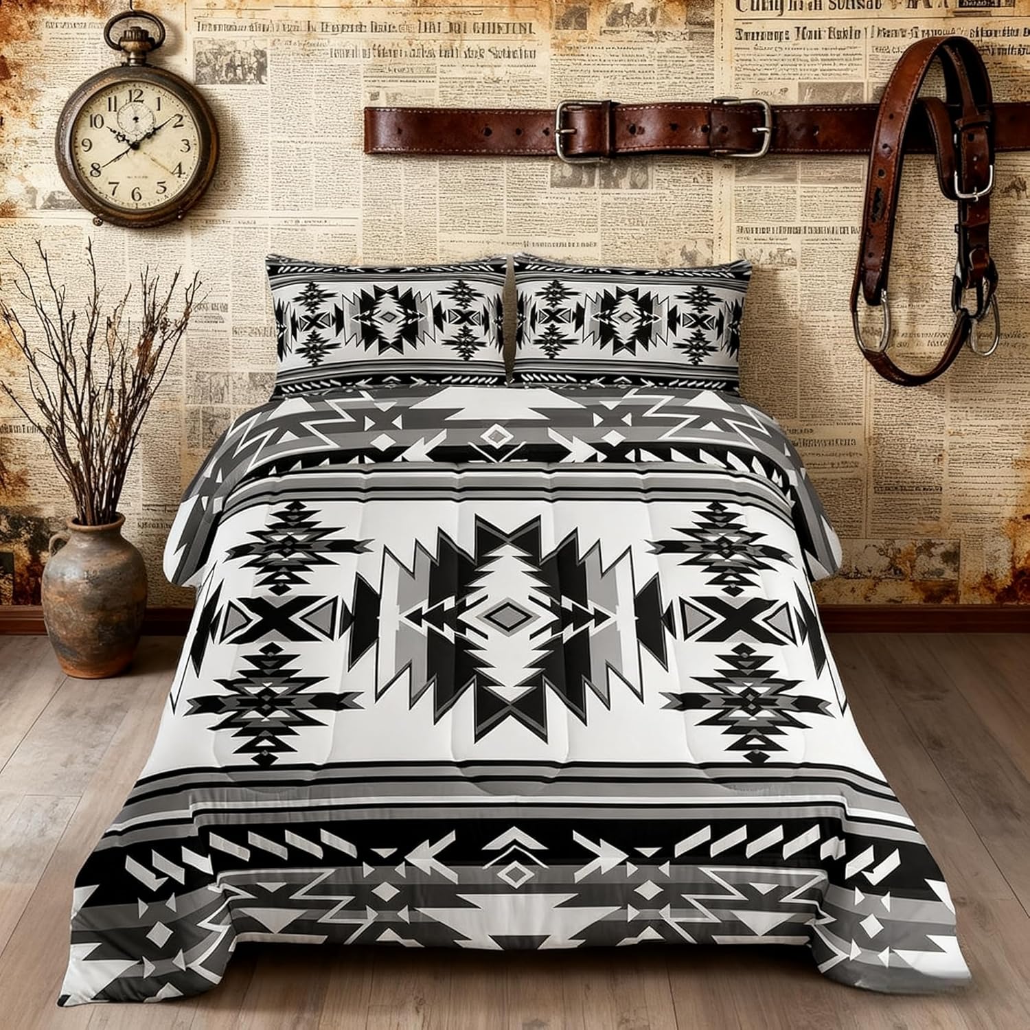 Aztec Pattern Kids Comforter Set Queen Size,Western Cowboy Southwest Tribal Ethnic Bedding Set,Boys Girls Adults Room Decor,Geometric Stripes Patchwork Qulit Set,Retro Duvet Insert,2 Pillowcases