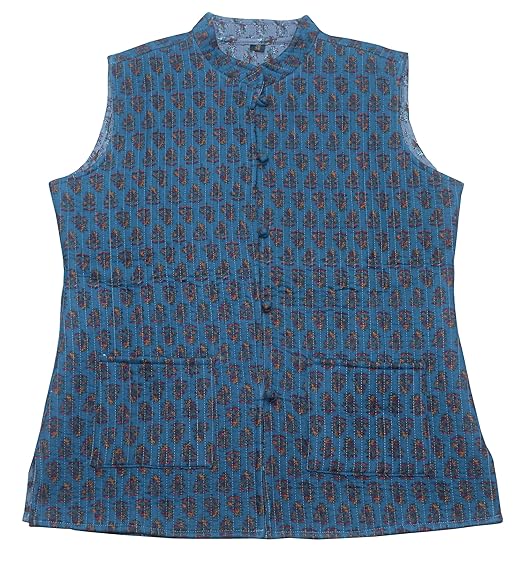 Women's Blue Floral Cotton Quilted Reversible Sleeveless Jacket