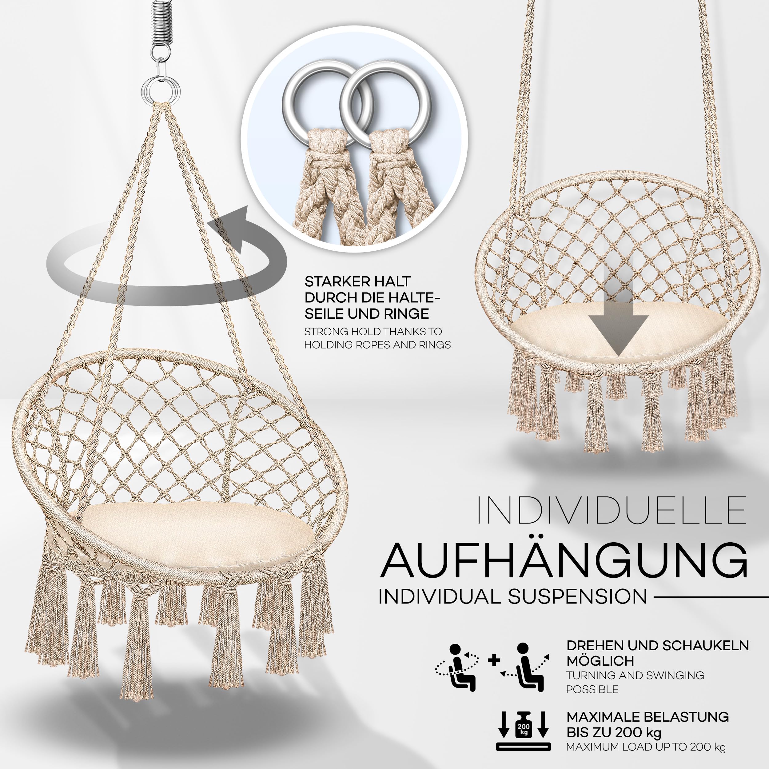 tillvex Hängesessel 200kg zum Aufhängen | Hängestuhl Indoor & Outdoor | Hängekorb wetterfest | Schaukelkorb mit Kissen