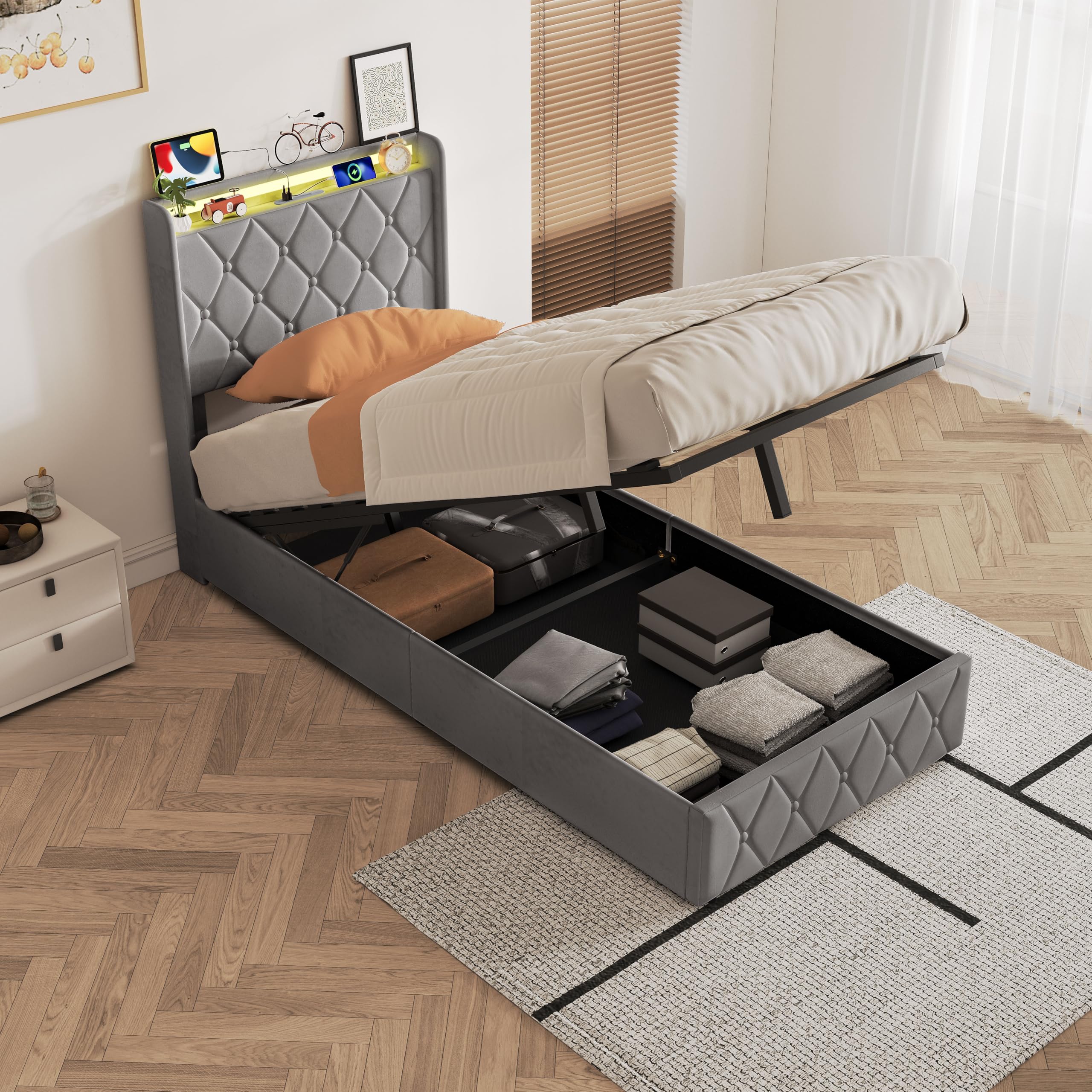 Cama de 90x200 cm con almacenamiento hidráulico para solucionar la falta de espacio en cuartos