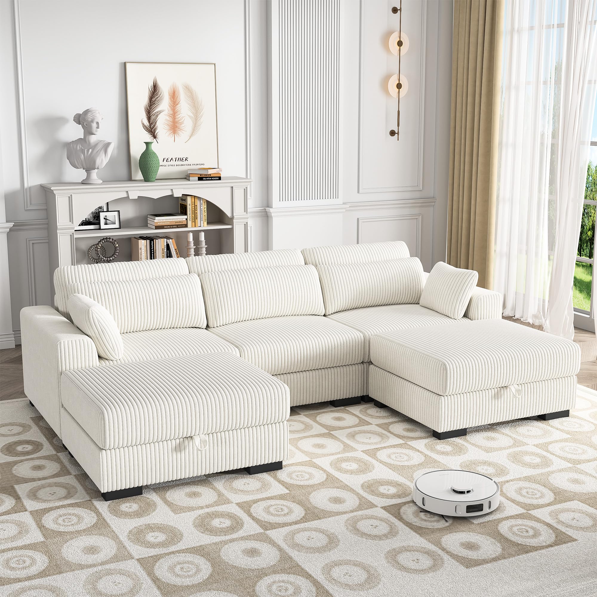 Canapé modulaire convertible angle en U 3 places avec poufs coffres et coussins