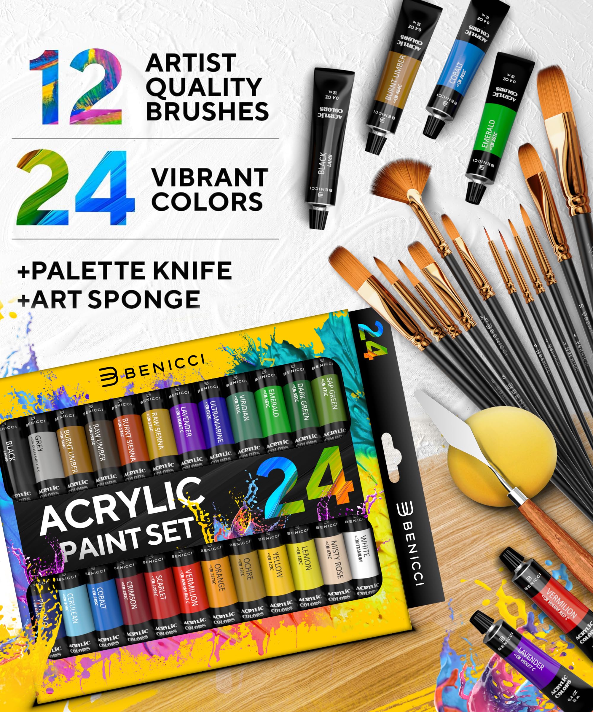 Komplett Acrylfarben-Set, 24х Reichhaltige Pigment Farben - 12 x Art Pinsel mit Bonus Paint Art Messer & Schwamm - Für Malerei Leinwand, Ton, Keramik & Crafts