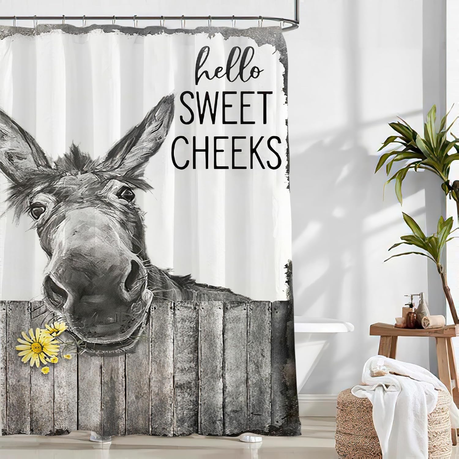 Funny Donkey Shower Curtain Rustic Floral Farmhouse Bathroom Shower Curtains Black and White Cute Animal Modern Polyester Fabric Waterproof 12 Pack Plastic Hooks 72 x 72 Inch
