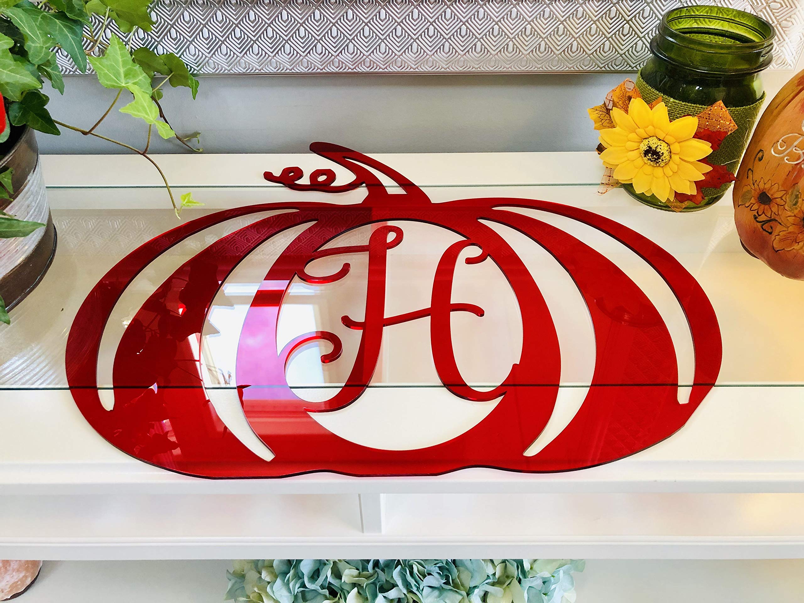 DistinctAndUnique (Transparent Red Acrylic, M) Halloween Pumpkin Monogram Door Hanger - Seasonal Decorative Wreath Decor Personalized Letters Rustic Fall Autumn Decoration